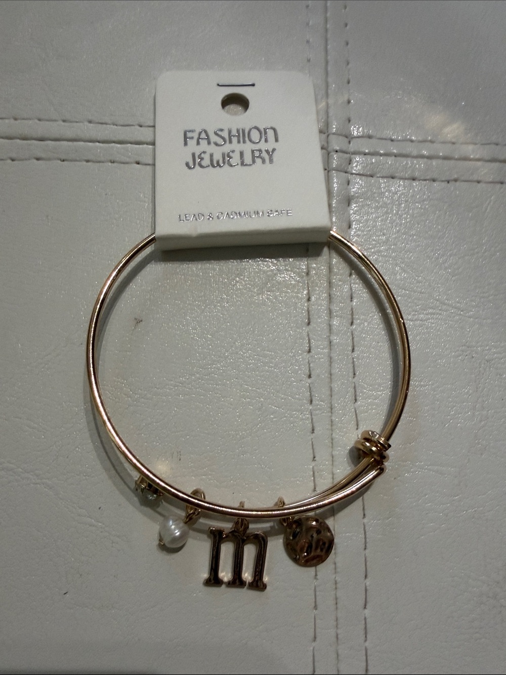 Fashion Jewelry Rose Gold Initial M Charm Bangle with Pearl Accent